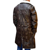 Manteau de combat long en cuir de vachette marron pur coupe slim classique pour homme